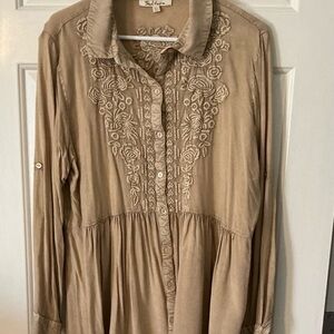 Solitaire Tan Embroidered Button-Up Tunic/Dress, Size XL, Dark Tan